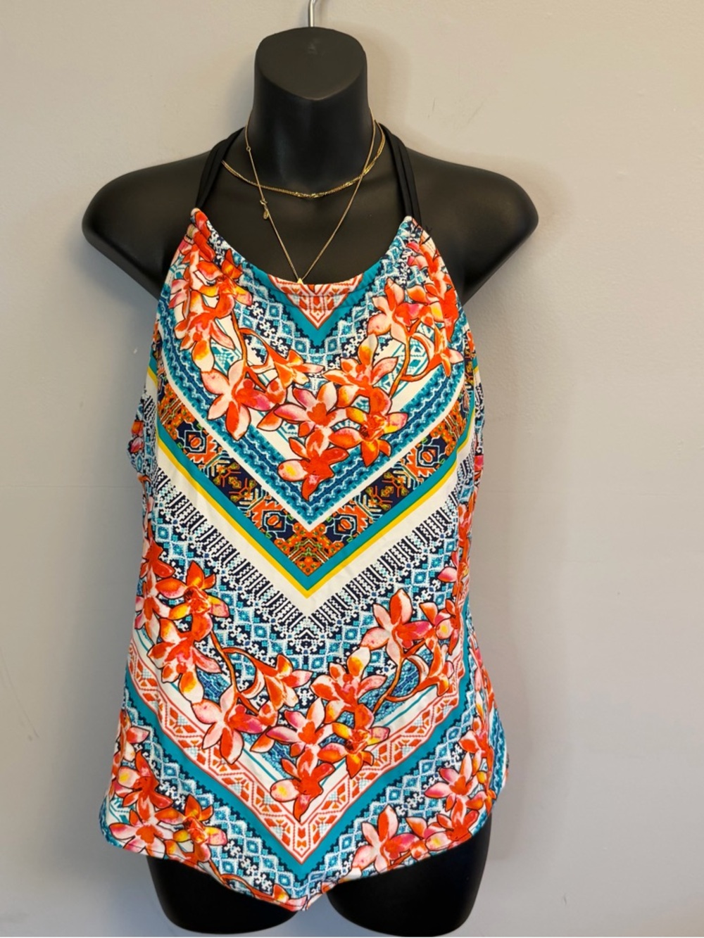Floral Geo Print Halter Tank Top - Orange & Teal